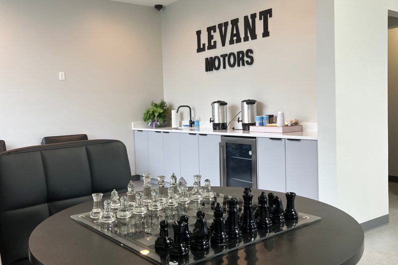 A glass chess set in the Levant Motors customer lounge